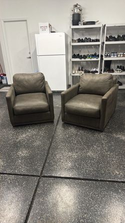 Pair of Gray Leather Club Chairs