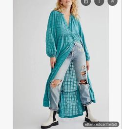 NEW FREE PEOPLE EDIE PLAID BUTTON MAXI DRESS DUSTER TOP SIZE S  TURQUOISE 