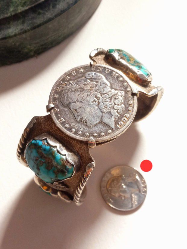$800! Awesome 1960s Large Sterling Silver Turquoise Morgan Silver Dollar Bracelet 