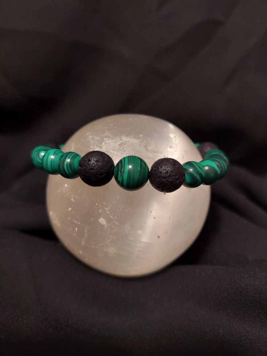 Malachite And Black Lava Rock Crystal Bracelet