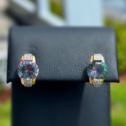 Jewelry 14k solid yellow gold mystic topaz stone natural diamond 4.10CTW stud clip on earrings