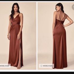 New With Tags Azazie Aqua Stretch Terracotta A-Line V-Neck Pleated Stretch Satin Dress