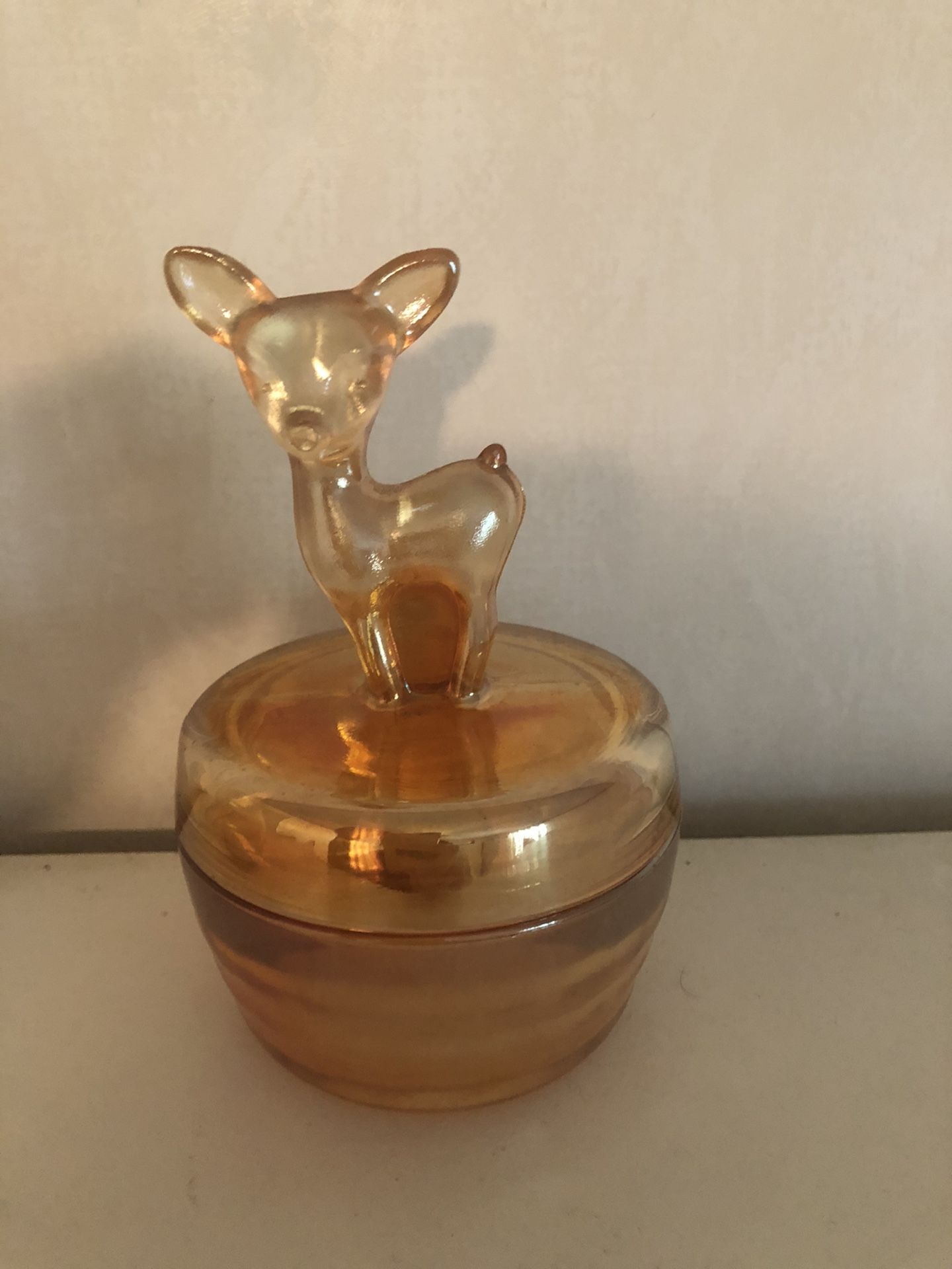 Rare Antique Retro Carnival Glass Deer Jewelry Box Storage Orange Fall Colors Iridescent Fawn