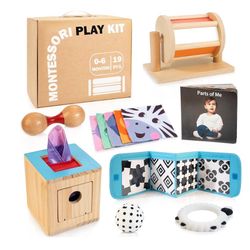 WOODMAM Montessori Toys for Babies 0-6 Months, 9 in 1 Learning Educational Baby Gifts for Newborn 0-3-6 Months, Includes High Contrast Cards, Baby Tis