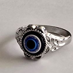 EVIL EYE OF PROTECTION QUALITY TITANIUM  SILVER  NEW SIZE 7 RING