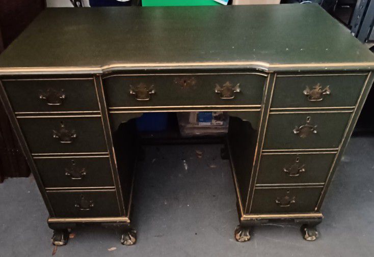 Green Distressed Antique Desk With Drawers