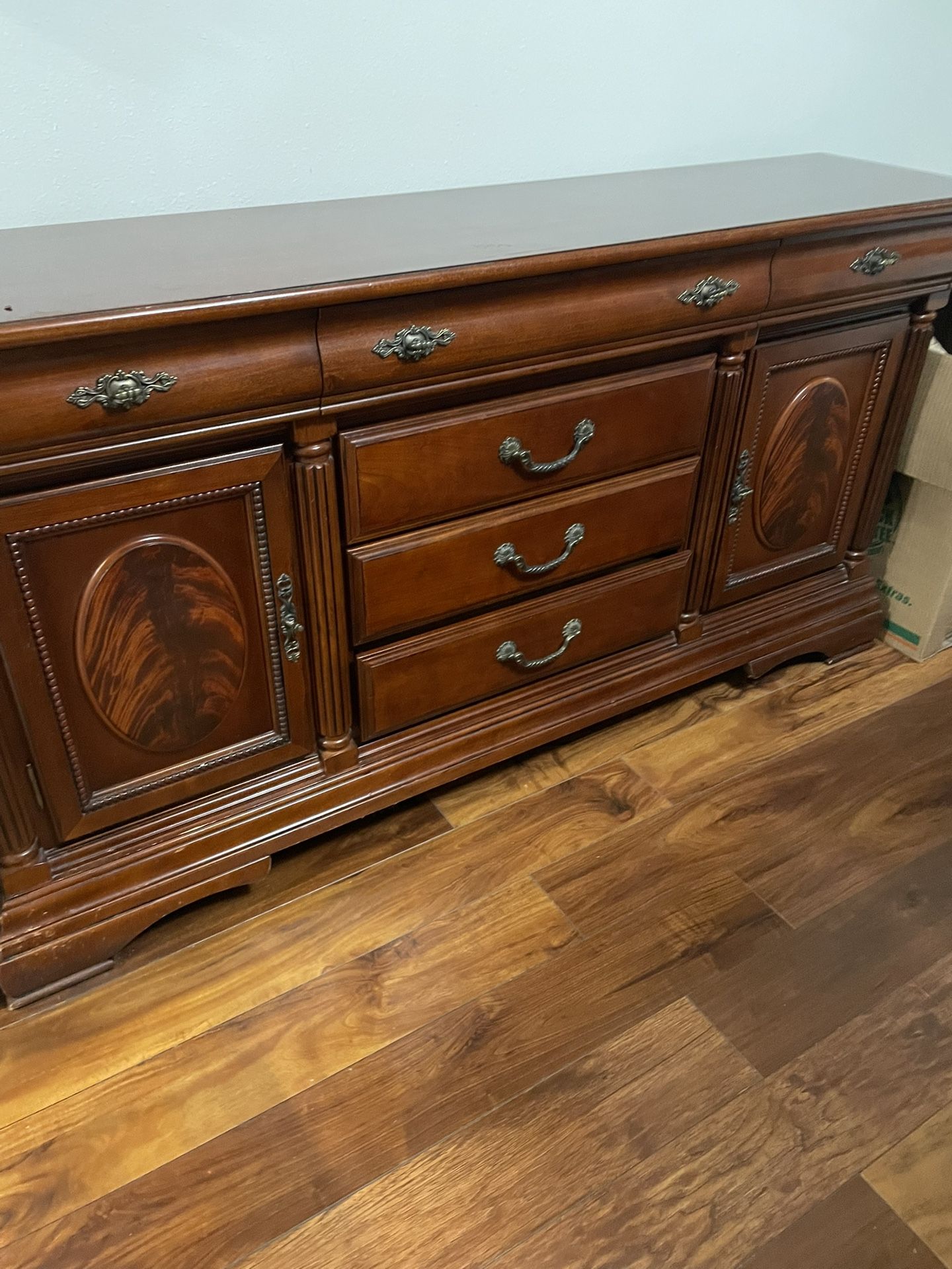 Dining Buffet Bottom & 3 Living Room Oak Tables W/ Glass Top