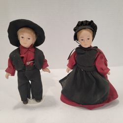 Set of Porcelain Amish Dolls Boy and Girl With Stands ~ 6 Inches Tall