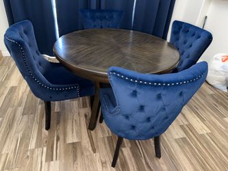 Navy Blue Velvet Dining Set – Round Dark Wood Table + Matching Chairs