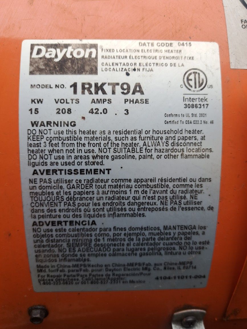 Dayton Portable Electric Heater 1RKT9A for Sale in Rolling Meadows, IL -  OfferUp