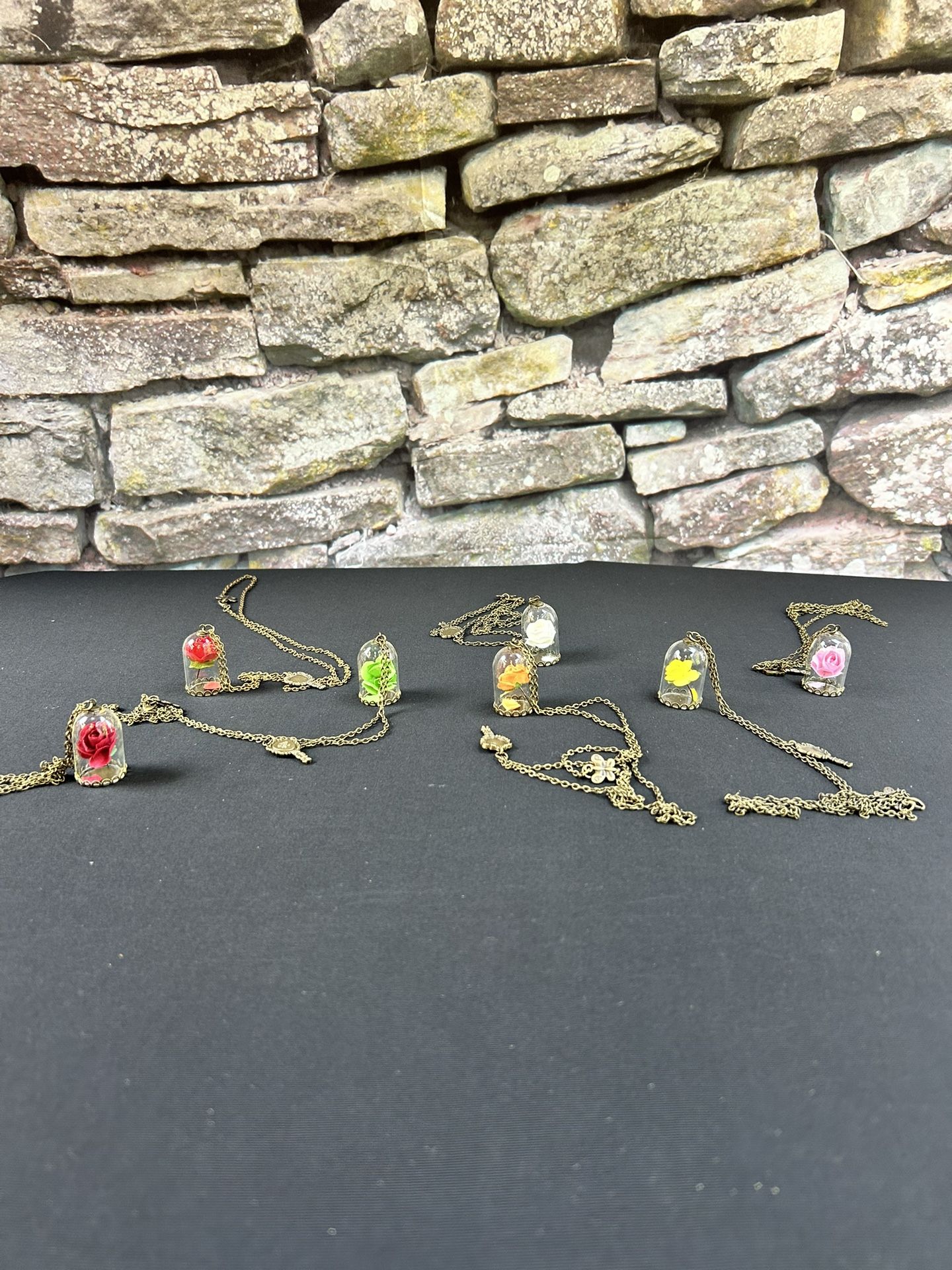 Vintage Unique Glass Enclosed Yellow Rose Pendant Chain 