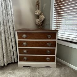 Refinished Solid Wood Vintage Small Dresser/Nightstand– Warm Walnut & Accessible Beige.