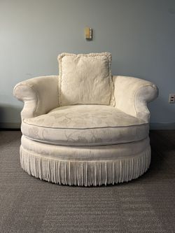 Swivel Barrel Chair – Ivory Floral Upholstery with Fringe Skirt