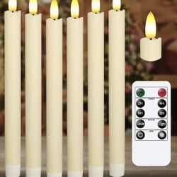 Upgraded Real Wax LED Flameless Taper Candles with Remote, KSWING 6 PCS Ivory Candlesticks Battery Operated 3D Flickering - 9.6" Long Realistic Fake C