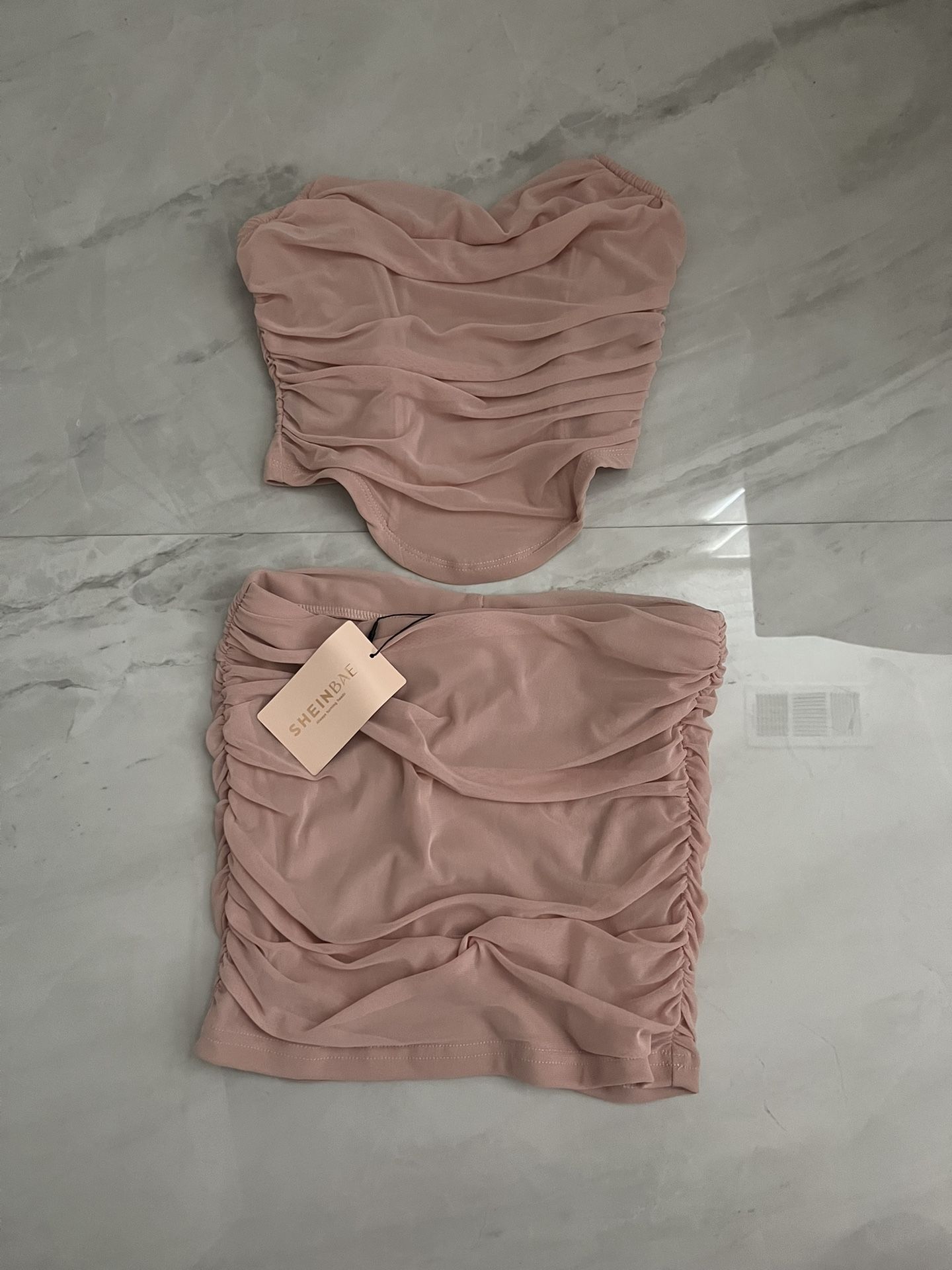 shein nude ruched crop top and skirt set