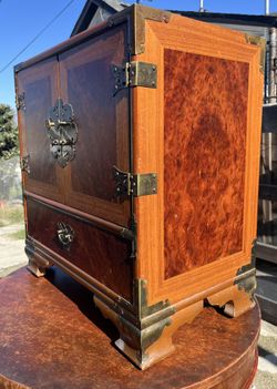 Vintage Teak & Burl Wood Tansu Cabinet Chest Jewelry Box Brass Fittings