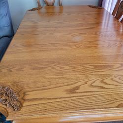 Oak Dinning Table, for 6-13 People,  Carved Flowers On All 4 Ends Of Table,  On 6 Chairs. 2 Table  Legs. Orig $6000