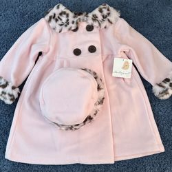 Starting Out Baby Girl 24M Pink/Faux Fur Trim 4-Button Front Coat w/ Hat NWT