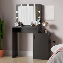 Black Vanity Desk with Charging Station, Makeup Vanity Desk with Mirror and Lights, Vanity Table for Bedroom, Living Room