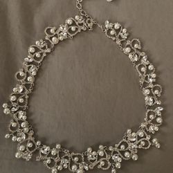 Silver Necklace With Pearls And Clear Stones New With Tag