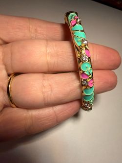 Pink & Mint Green Bangle Bracelet with Gold & Diamond Accents – New