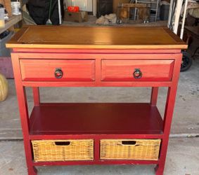 Red Console Table with Drawers and Wicker Baskets
