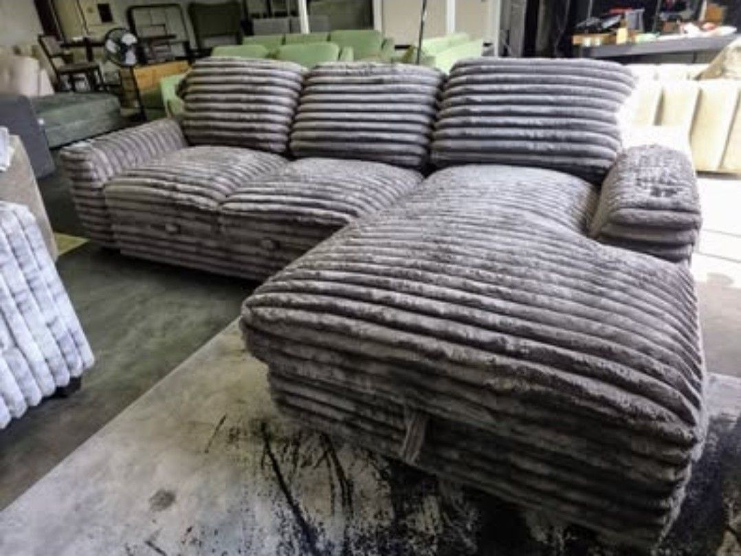 Brand New Lifestyle Cord Grey Oversized 2pc Lounge Sectional w Sleeper & Cupholders