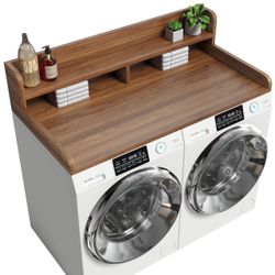 2-Tier Washer Dryer Countertop with 2.75" H Edge Rails, 54" W x 27.55" D Laundry Countertop for Folding Clothes, Washer and Dryer Topper with Non-Slip