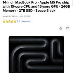 14 Inch MacBook Pro M5 Pro Chip 2TB 