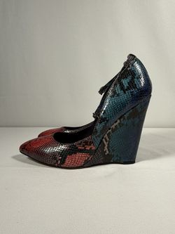 Multi-Color Faux Snakeskin Wedge Heels with Ankle Strap - Size 8