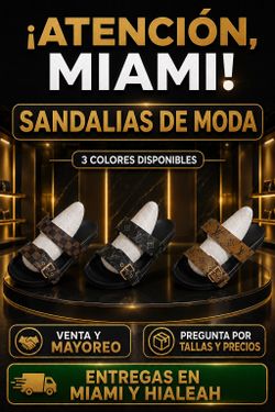 The image shows an ad for double-strip sandals with metal buckles and monogram-style patterns reminiscent of luxury designs, available in three colors