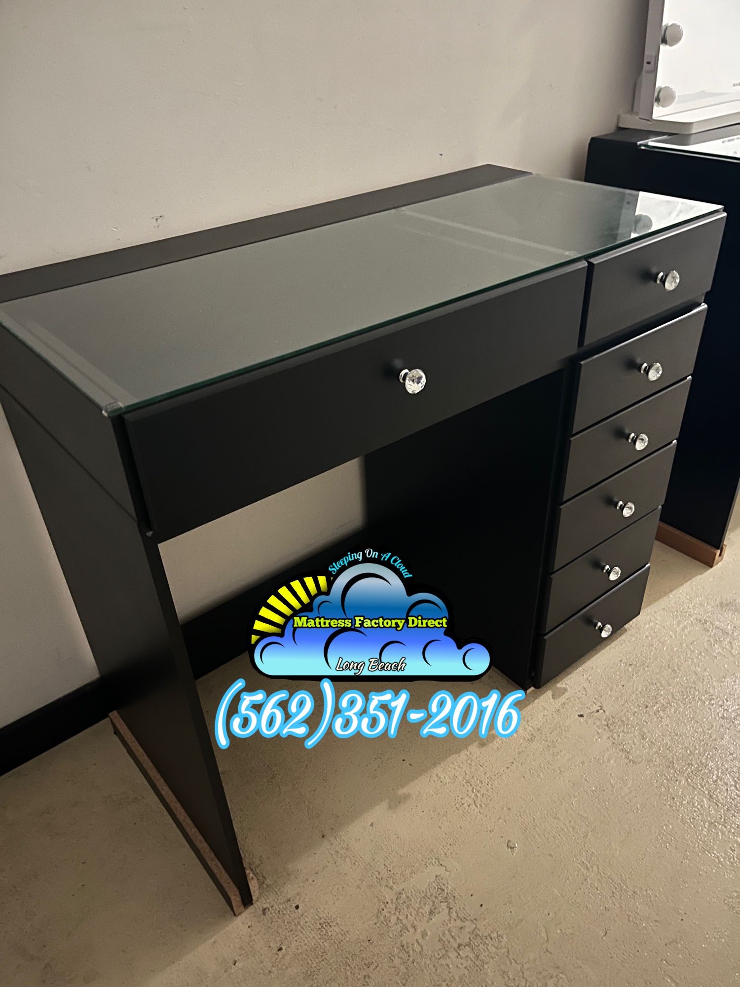 Black Half Desk Vanity Glass Top Diamond Knobs Dresser