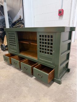 Green Asian-Style Sideboard with Lattice Sliding Doors (Free Nearby Shipping)