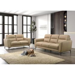 Brand New Taupe Leather Modern Style Sofa & Loveseat