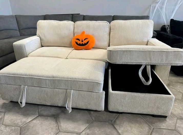 beige corduroy sectional sleeper sofa with storage chaise and pull out Sofa bed