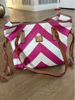Dooney and Burke, large leather tote, bag, pink, and white and brown