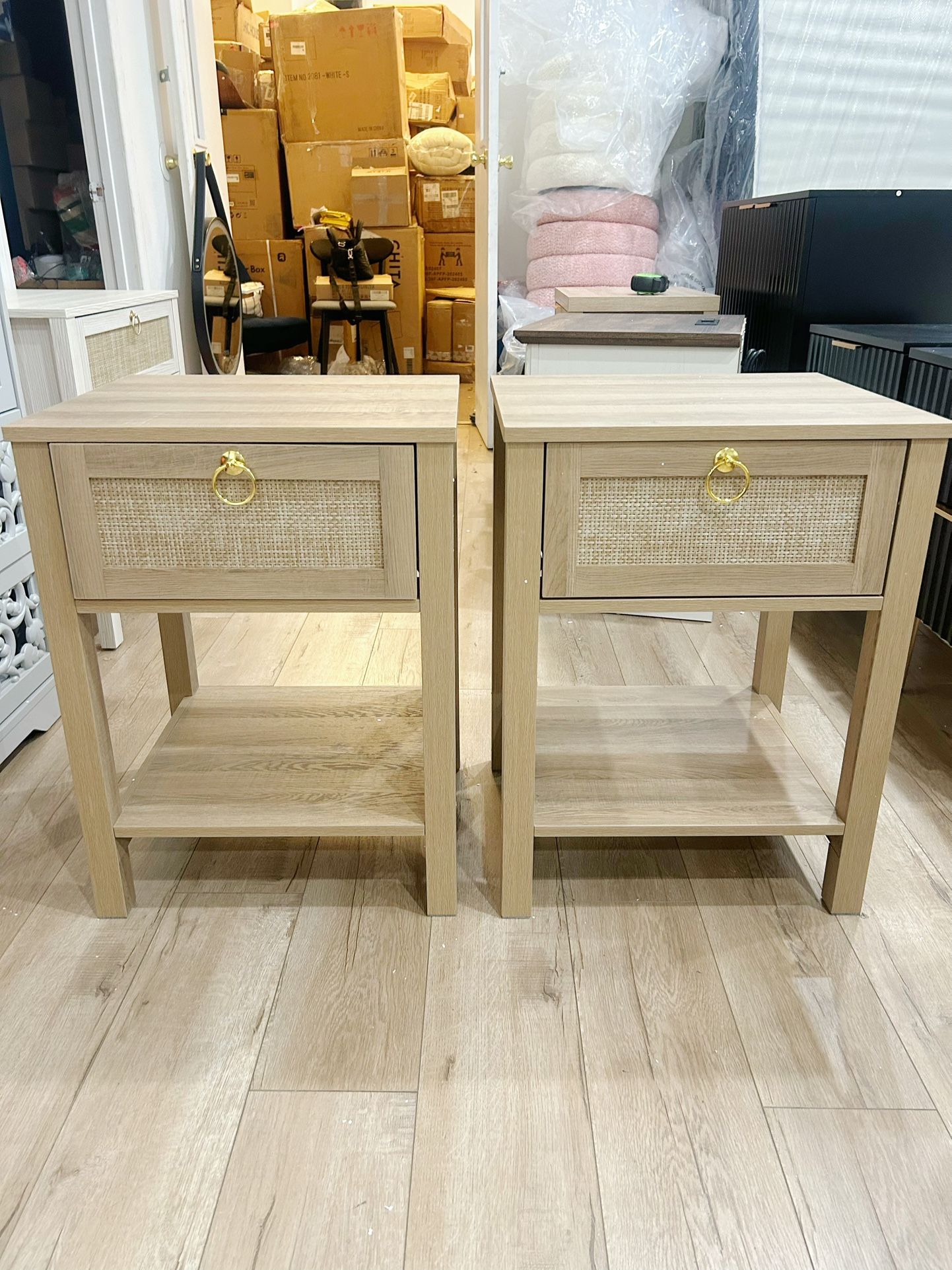 Rattan Nightstand Set of 2, Rattan Decor Drawer with Brass Knobs Night Stand Bedside Table Boho End Tables Side Tables with Storage Shelf for Bedroom,