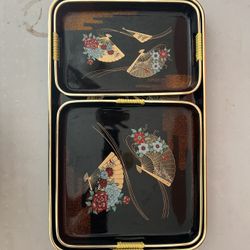 3 Vtg Toyo Japan Black w/Speckles & Flowers Lacquer Ware Nesting Serving Trays
