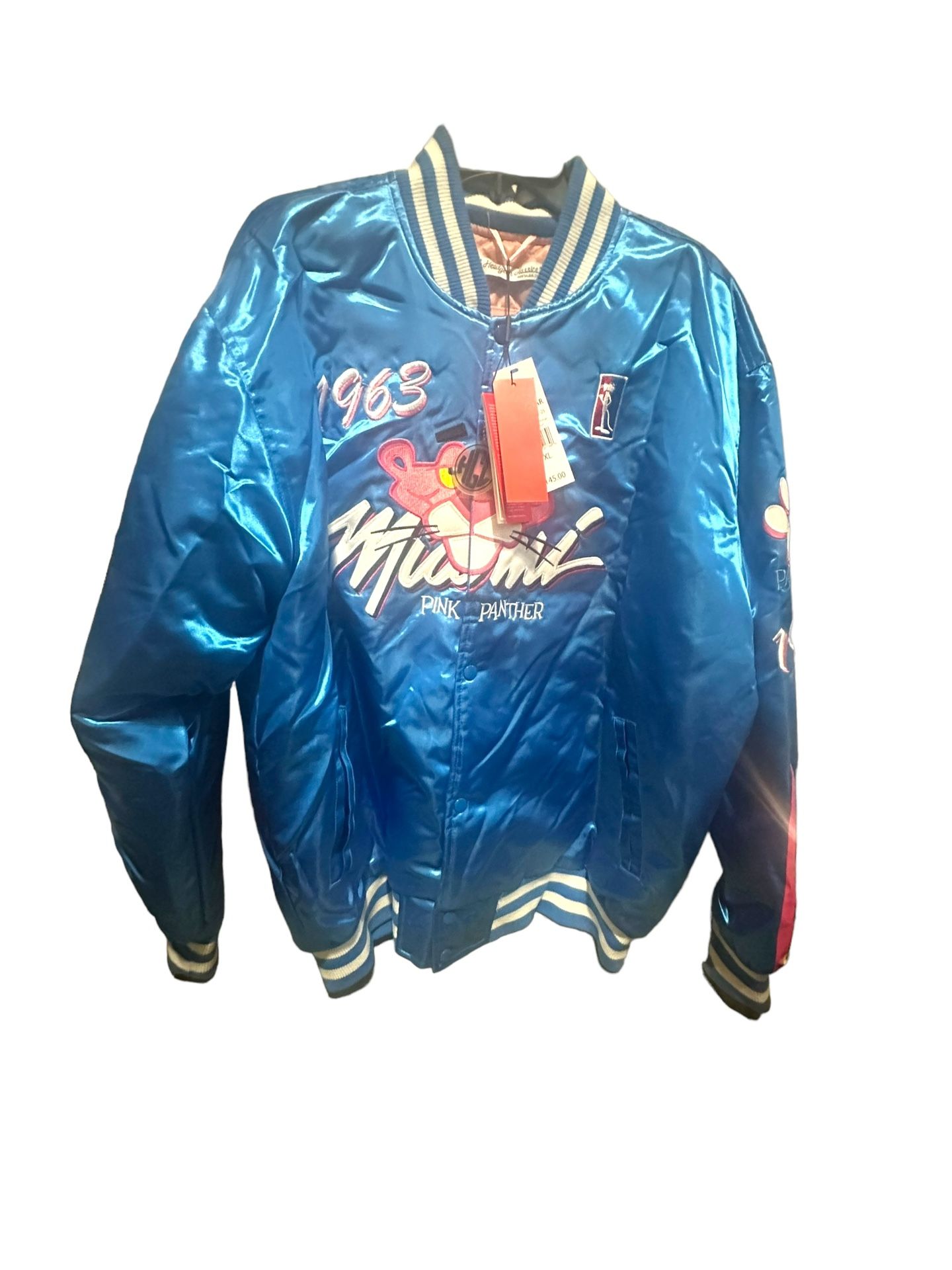 Miami Pink Panther 1963 Full-Snap Satin Jacket—New 3XL Introducing the Pink Panther Jacket, a symbol of elegance in satin. The snap tab buttoned clo