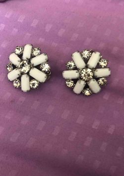 clip-on earrings, 1950 s vintage milk glass and rhinestone .