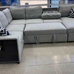✅️✅️4 pc Grey boucle fabric sectional sofa with storage chaise and love seat and pop up sleep area in center drop down tray tables✅️✅️✅️