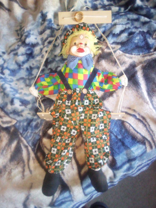 VINTAGE CLOWN DOLL WITH PORCELAIN FACE ON SWING GREEN PLAID SOFT BODY MARIONETTE

