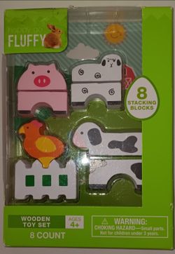 NEW Happy Go Fluffy 8 count wooden stacking farm animals toy set ages 4+ $5 FIRM