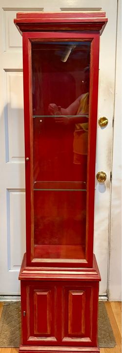 Tall Narrow Glass Curio Display Cabinet – Brick Red & Gold