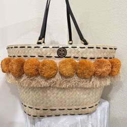 Tory Burch Pom Pom Straw Beach Basket Tote Boho Rattan Bag