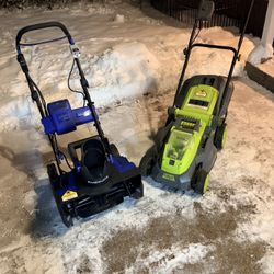 Snow Joe Cordless Snow Blower and Sun Joe Lawn Mower Set with Two Batteries and Charger Included