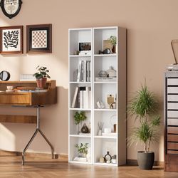 Set of 2 Tall Narrow Bookshelf, 5-Tier Cube Display Rack, Modern Corner Bookshelf with Storage Space, CD Storage Cabinet for Home Office (White 1 Pack