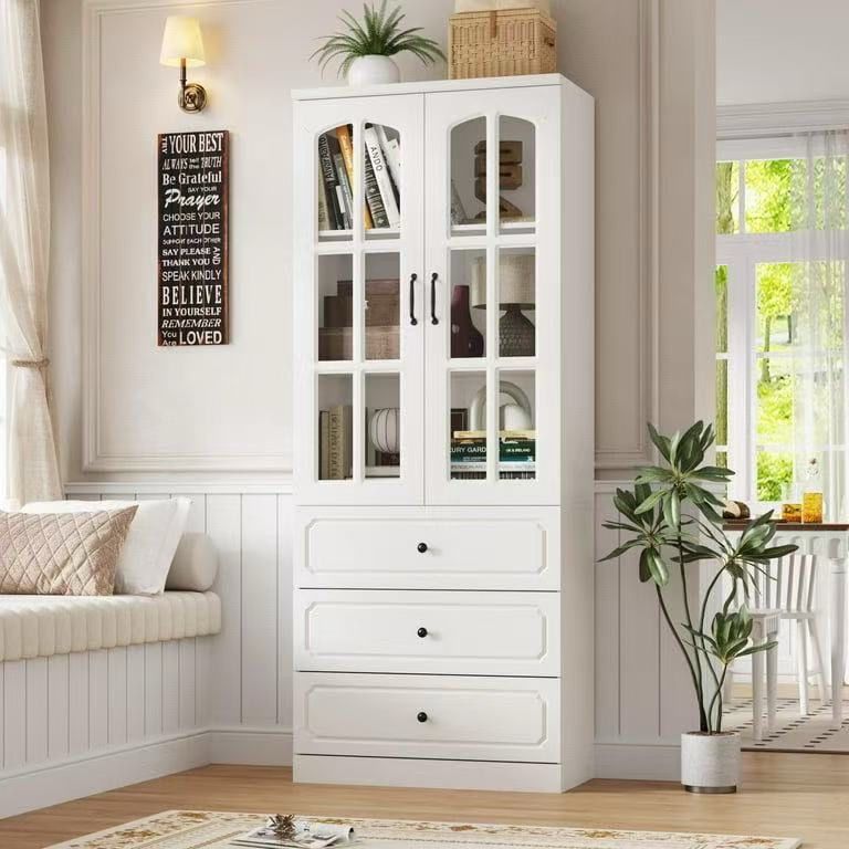 ❤️🔥 79" High Glass Door Bookcase: 3-Tier Design, 3 Drawers $100