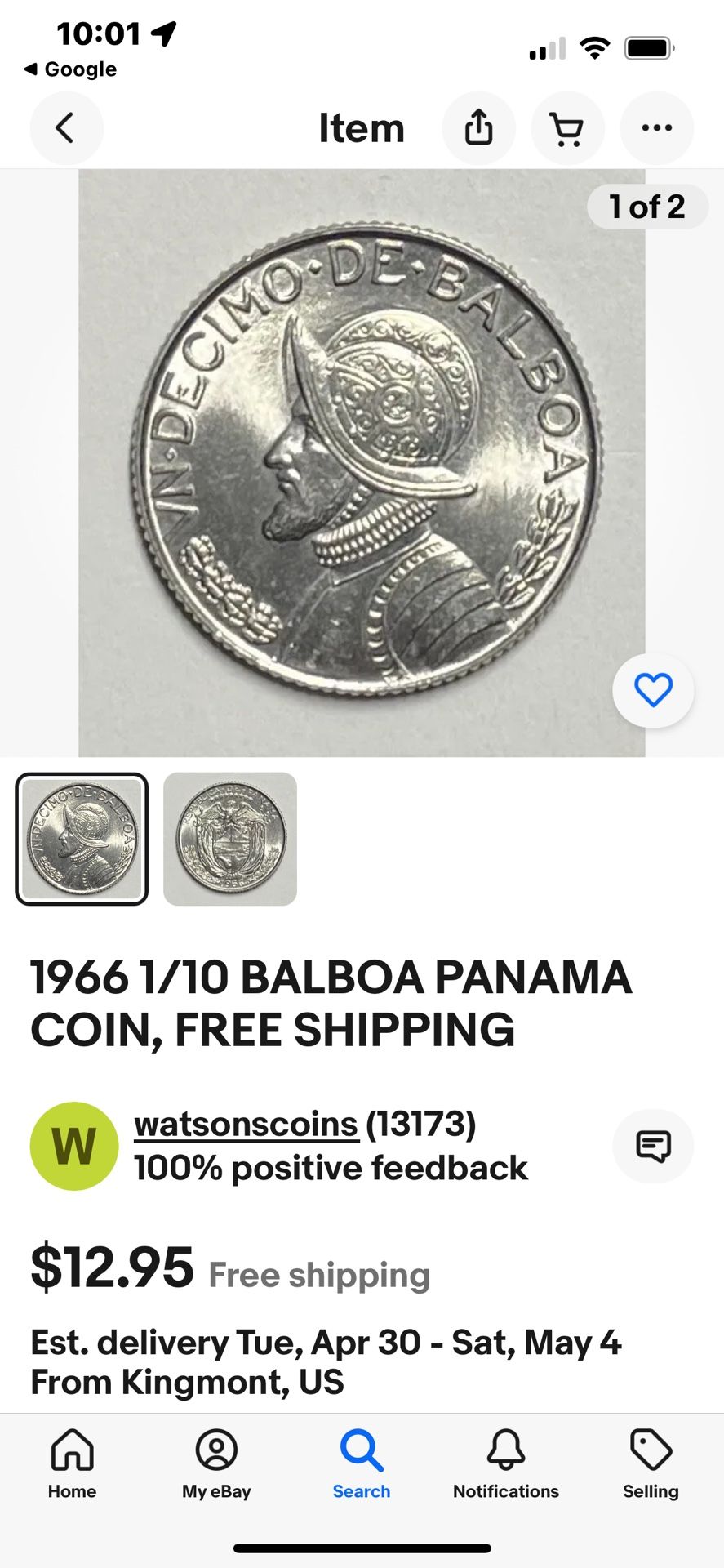 1966 1/10 Balboa Panama Coin
