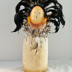 Large Heavy Signed "Shell Shaman" Sculpture - Mixed Media With Feathers, Shells & Beads-Heavy